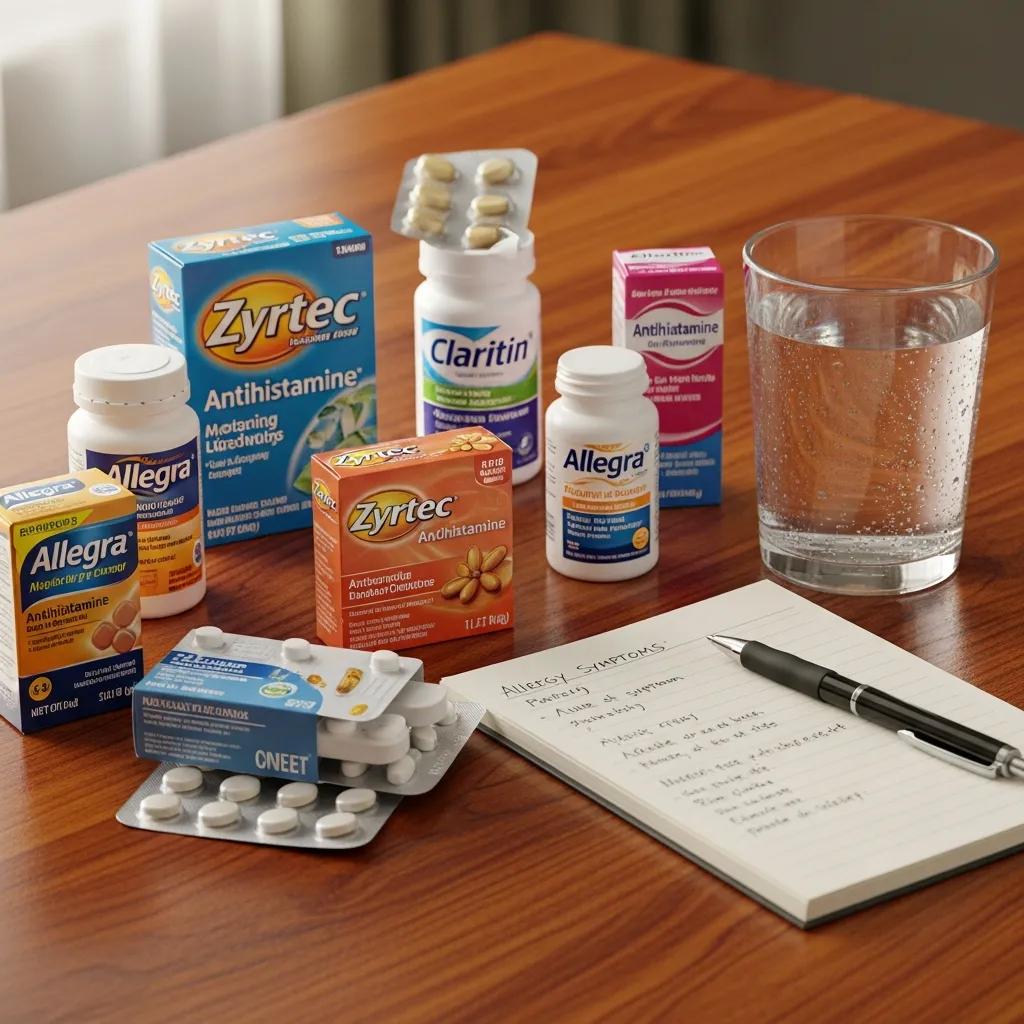 Close-up of antihistamine medication boxes with a glass of water and notepad on a wooden table