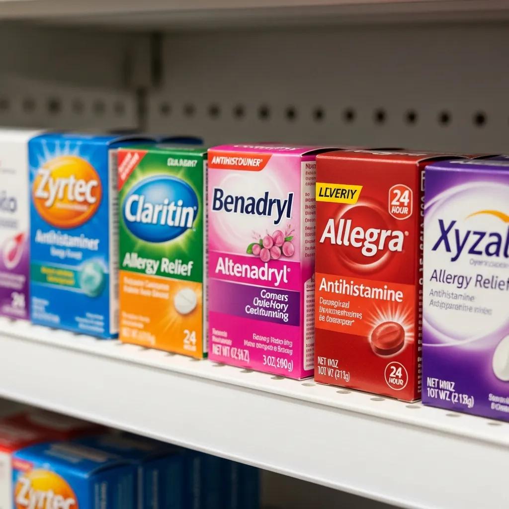 Display of popular OTC antihistamines including Zyrtec, Claritin, and Benadryl on a pharmacy shelf