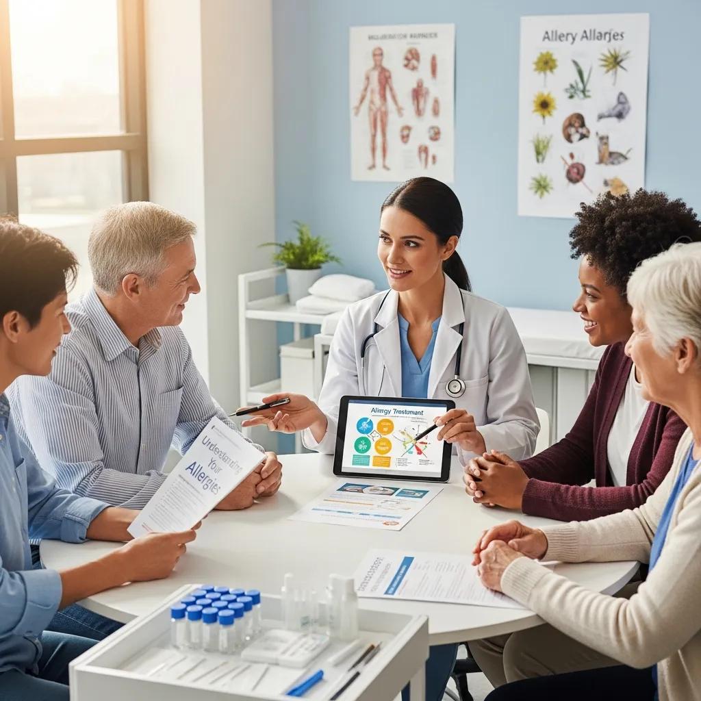 Diverse group discussing allergy treatment options in a clinic