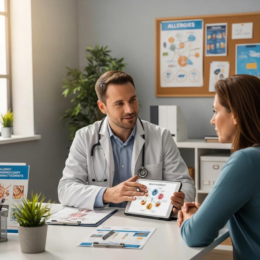 Healthcare professional explaining immunotherapy options to a patient in a clinical setting