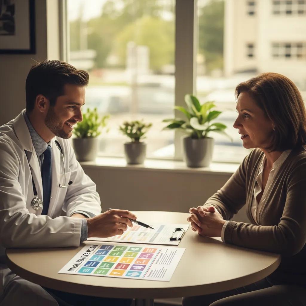 Healthcare professional explaining insurance options to a patient in a modern clinic