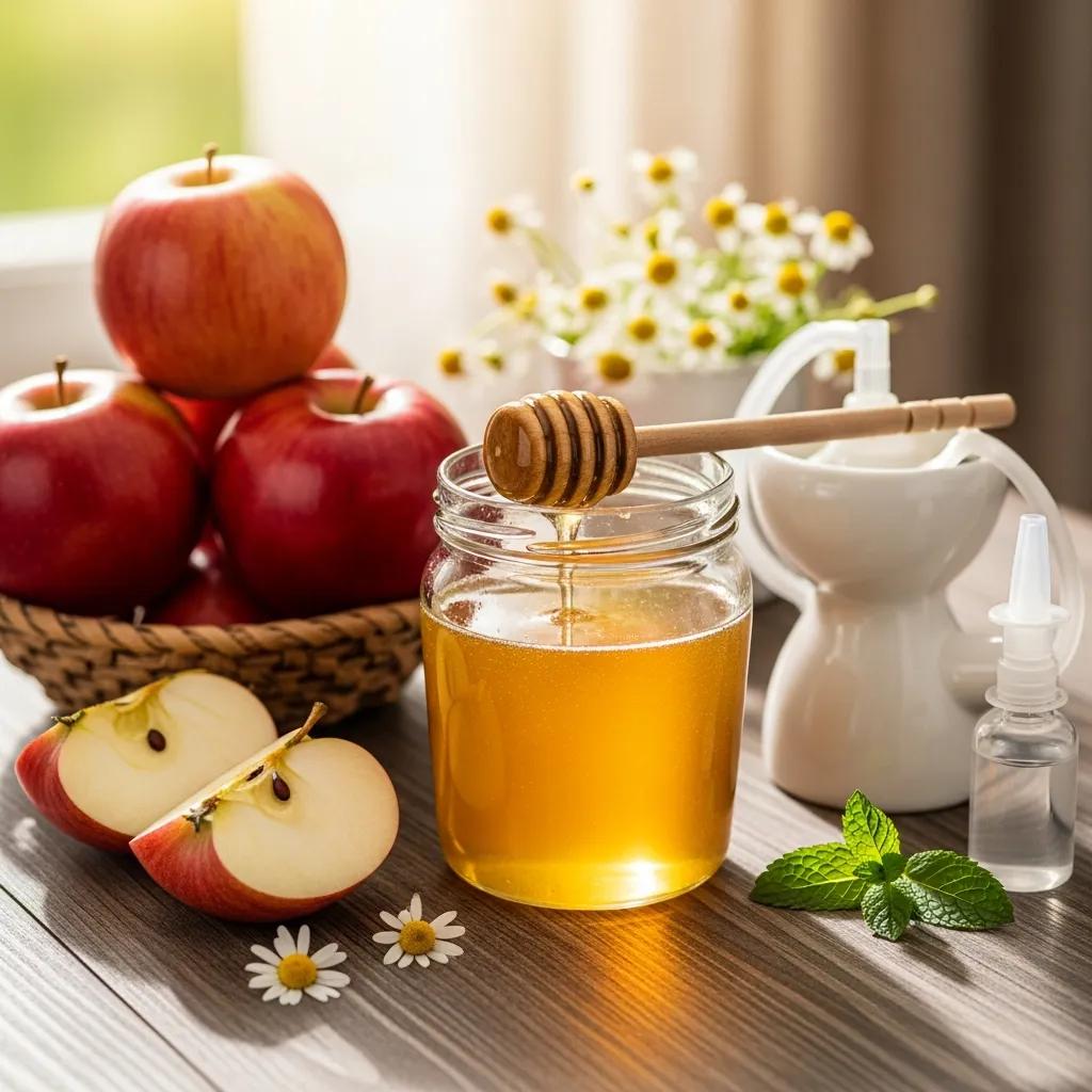 Natural allergy relief remedies including local honey, apples, and a nasal irrigation kit on a wooden table