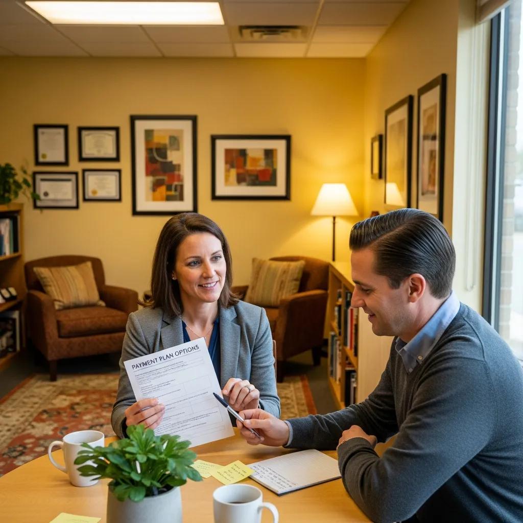 Patient consulting with a financial advisor about billing options in a cozy office
