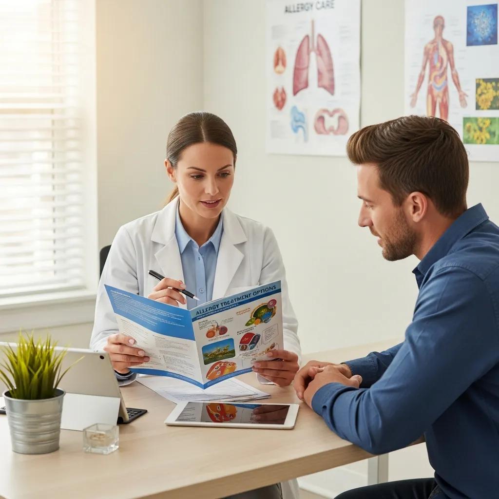 Patient discussing insurance coverage for allergy treatment with a healthcare provider in a modern clinic