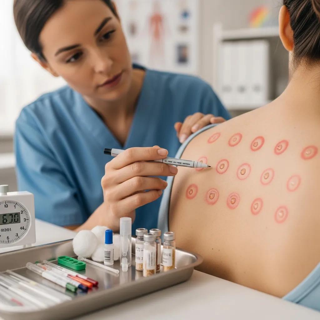 Patient undergoing allergy testing with a healthcare provider in a clinical environment