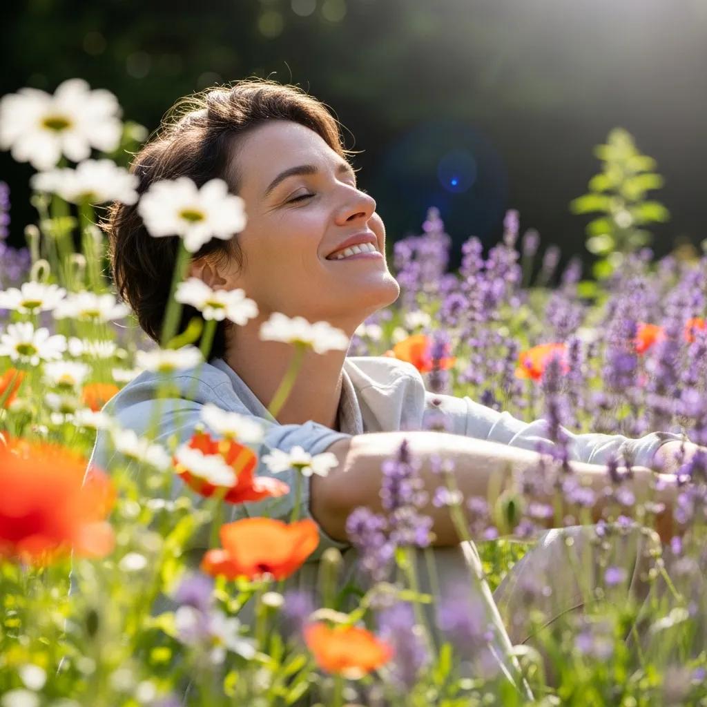 Person enjoying outdoor activities in a flower-filled environment, representing effective allergy relief options