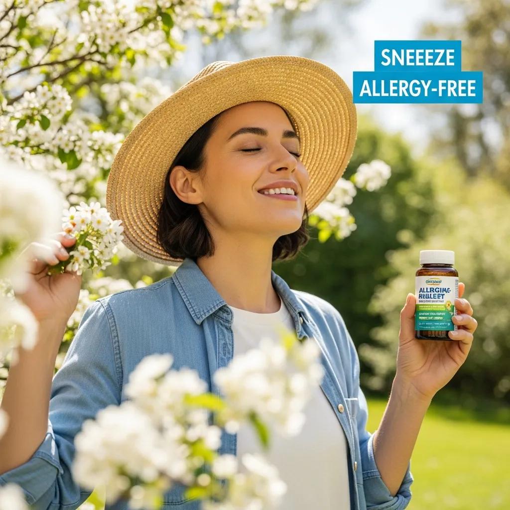 Person enjoying outdoor activities without allergy symptoms, holding allergy medicine