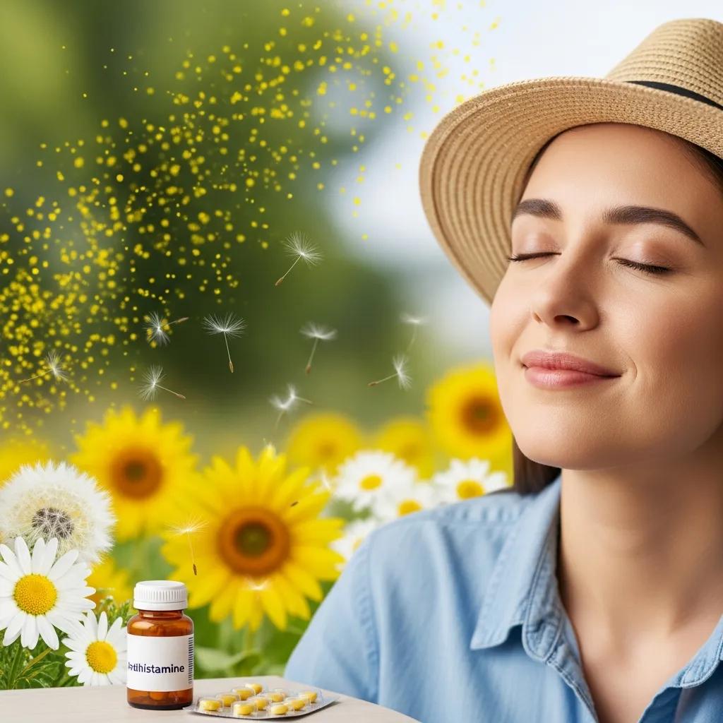 Person feeling relief from hay fever symptoms with blooming flowers in the background