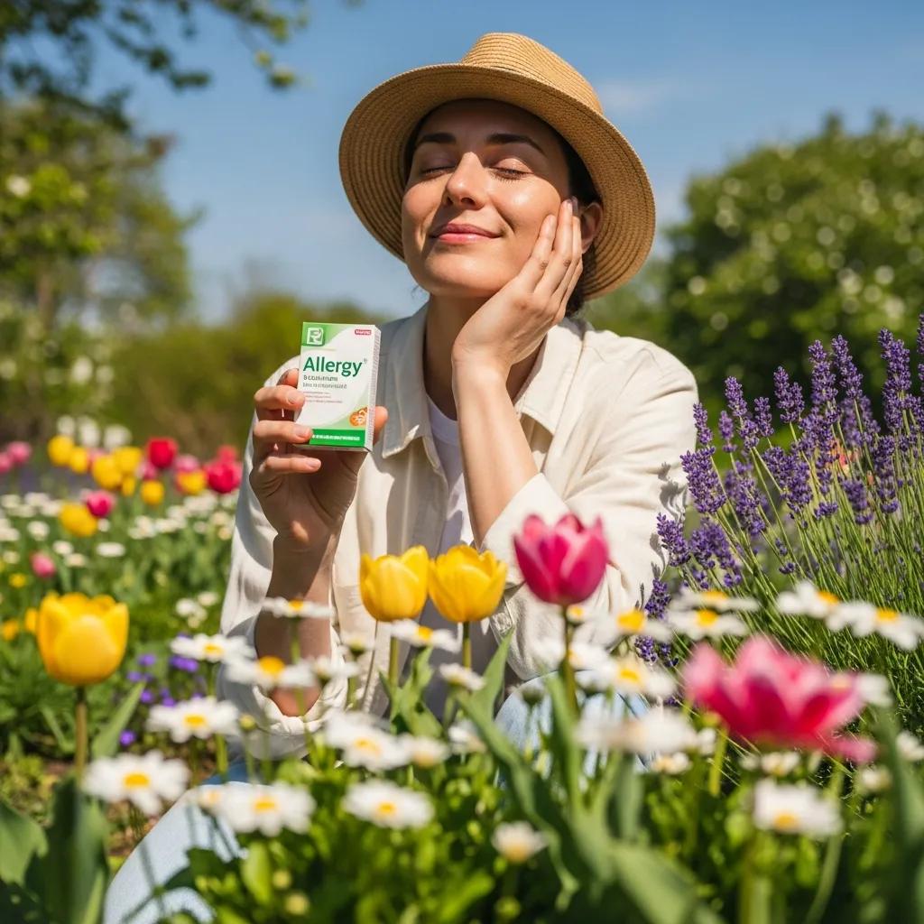 Person holding OTC allergy medications in a sunny outdoor setting with blooming flowers