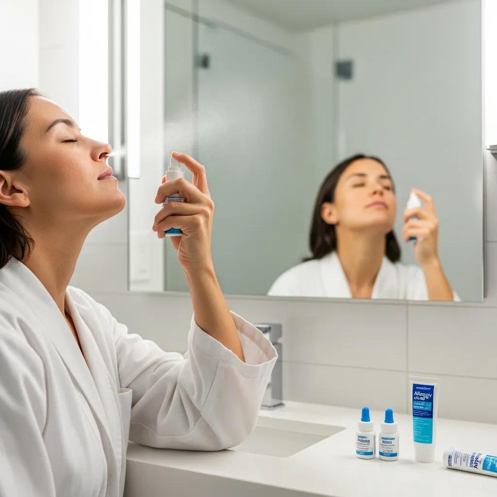 Person using a nasal spray in a bright bathroom with eye drop bottles on the counter