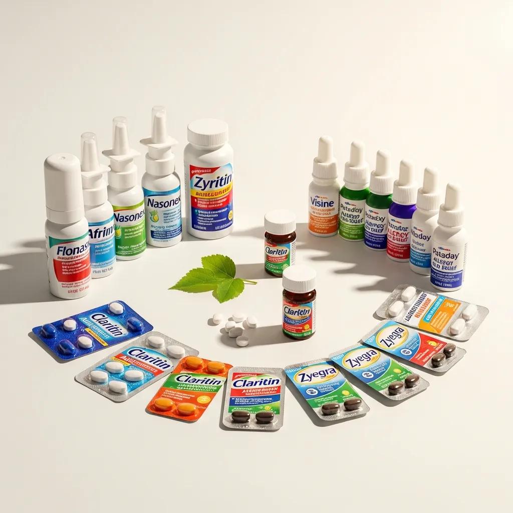 Variety of allergy medicines including antihistamines and nasal sprays on a bright background