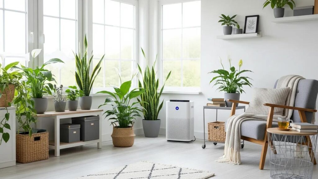 Clean home environment with air purifiers and plants supporting asthma management