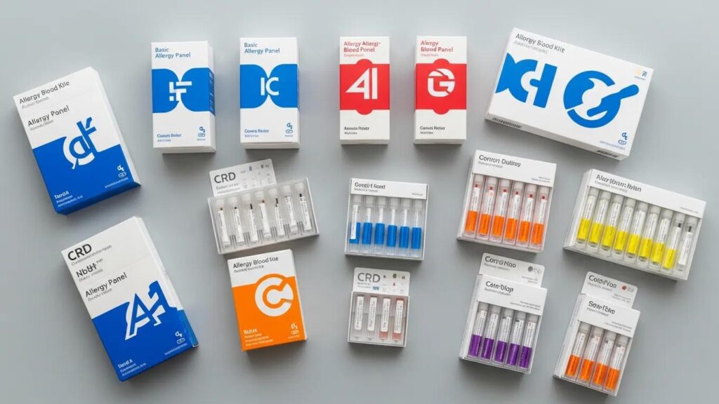 Different types of allergy blood test kits displayed on a table