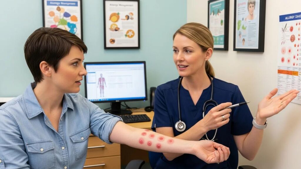 Patient discussing allergy skin prick test results with healthcare provider