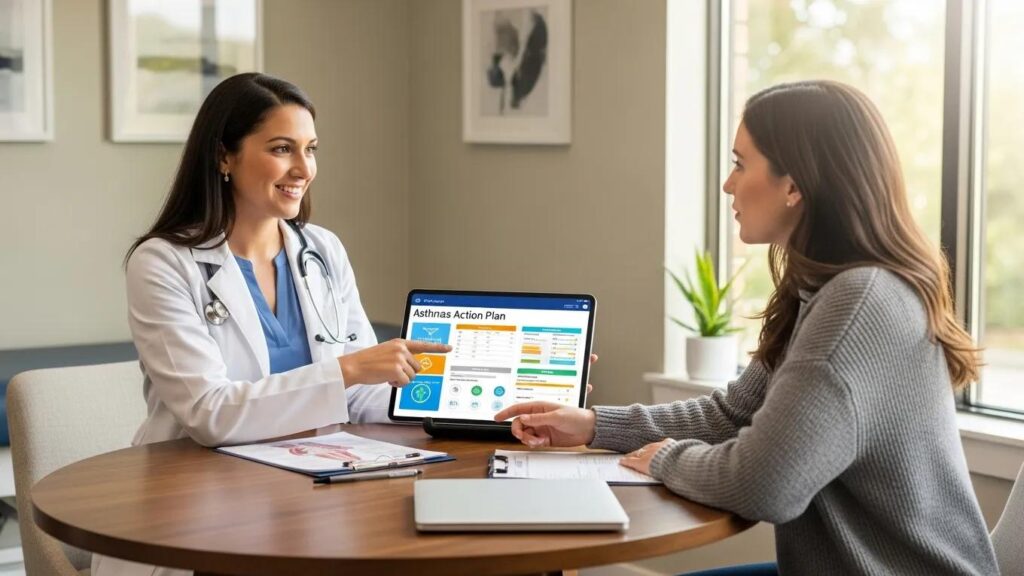 Allergist and patient co-creating a personalized asthma treatment plan in a supportive environment.