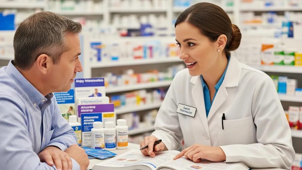 Pharmacist discussing alternative treatment options for medication allergies with patient