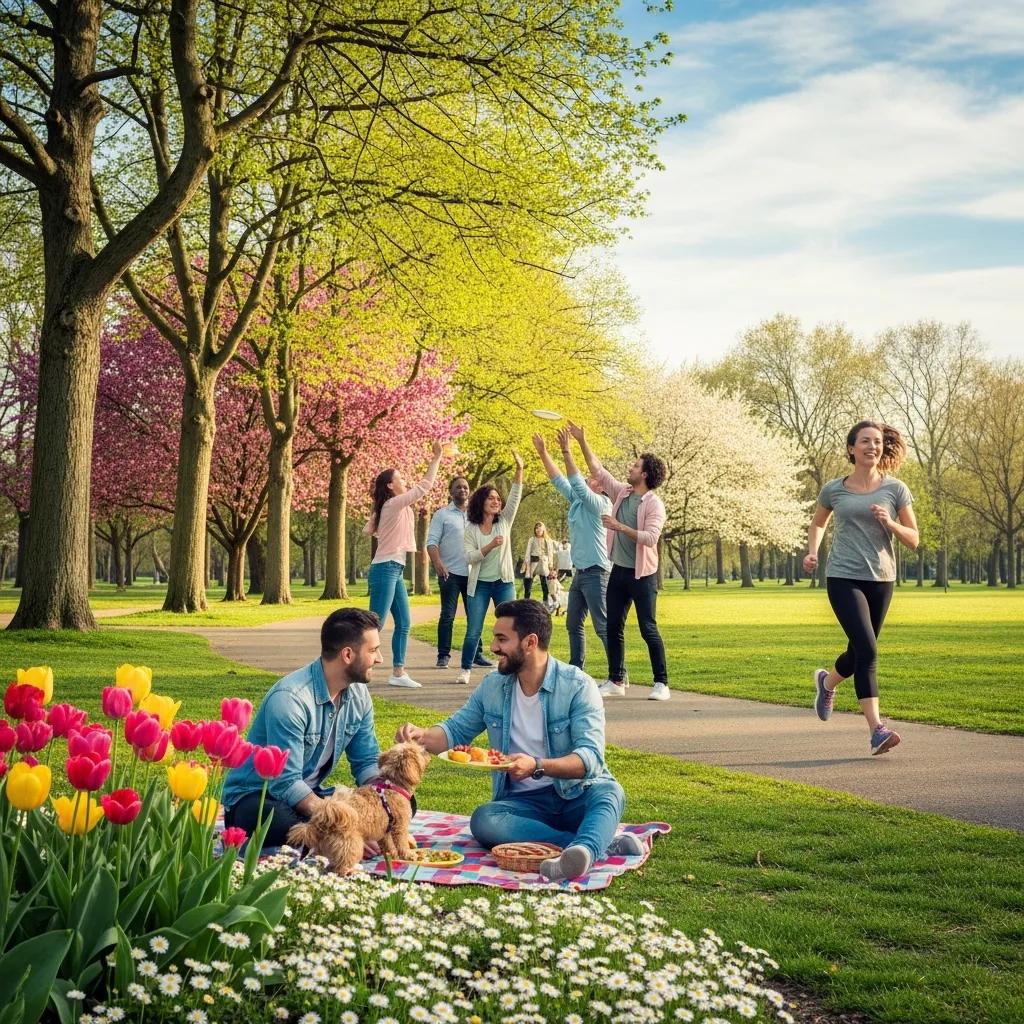 Adults enjoying outdoor activities in a vibrant park, symbolizing relief from allergies