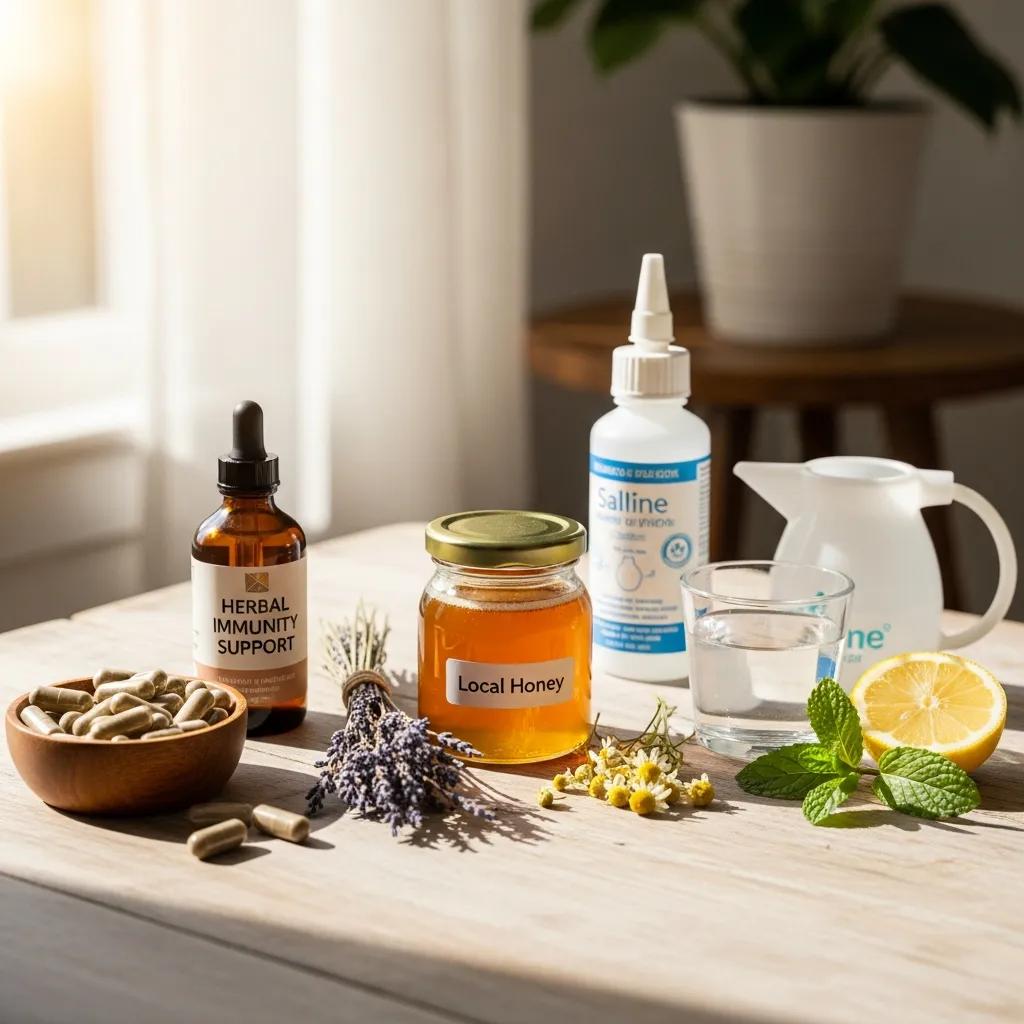 Assorted natural allergy remedies including honey, herbal supplements, and saline rinse on a wooden table