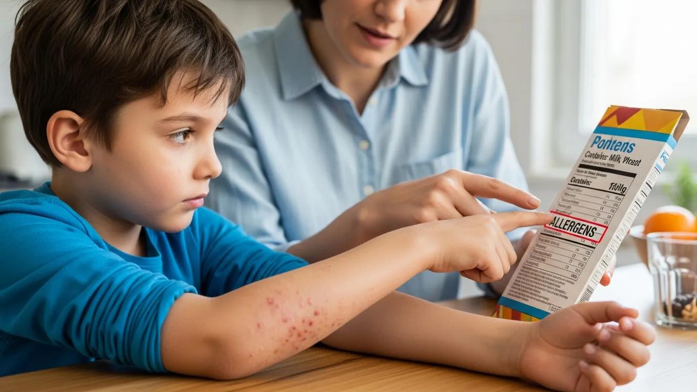 Child examining food labels for allergens, with eczema visible on skin, showcasing food allergy management