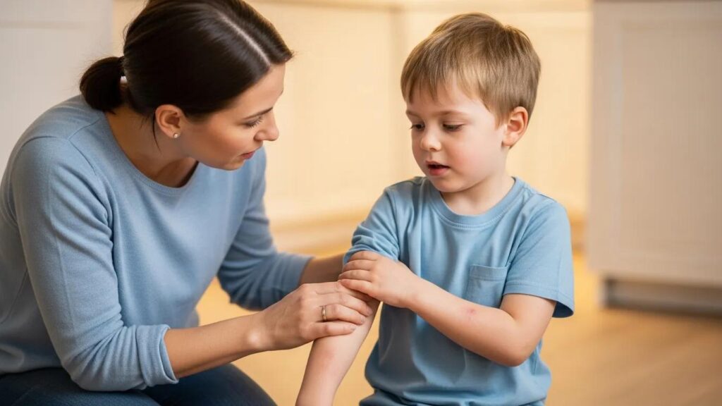 Child showing symptoms of food allergies with a parent nearby for support