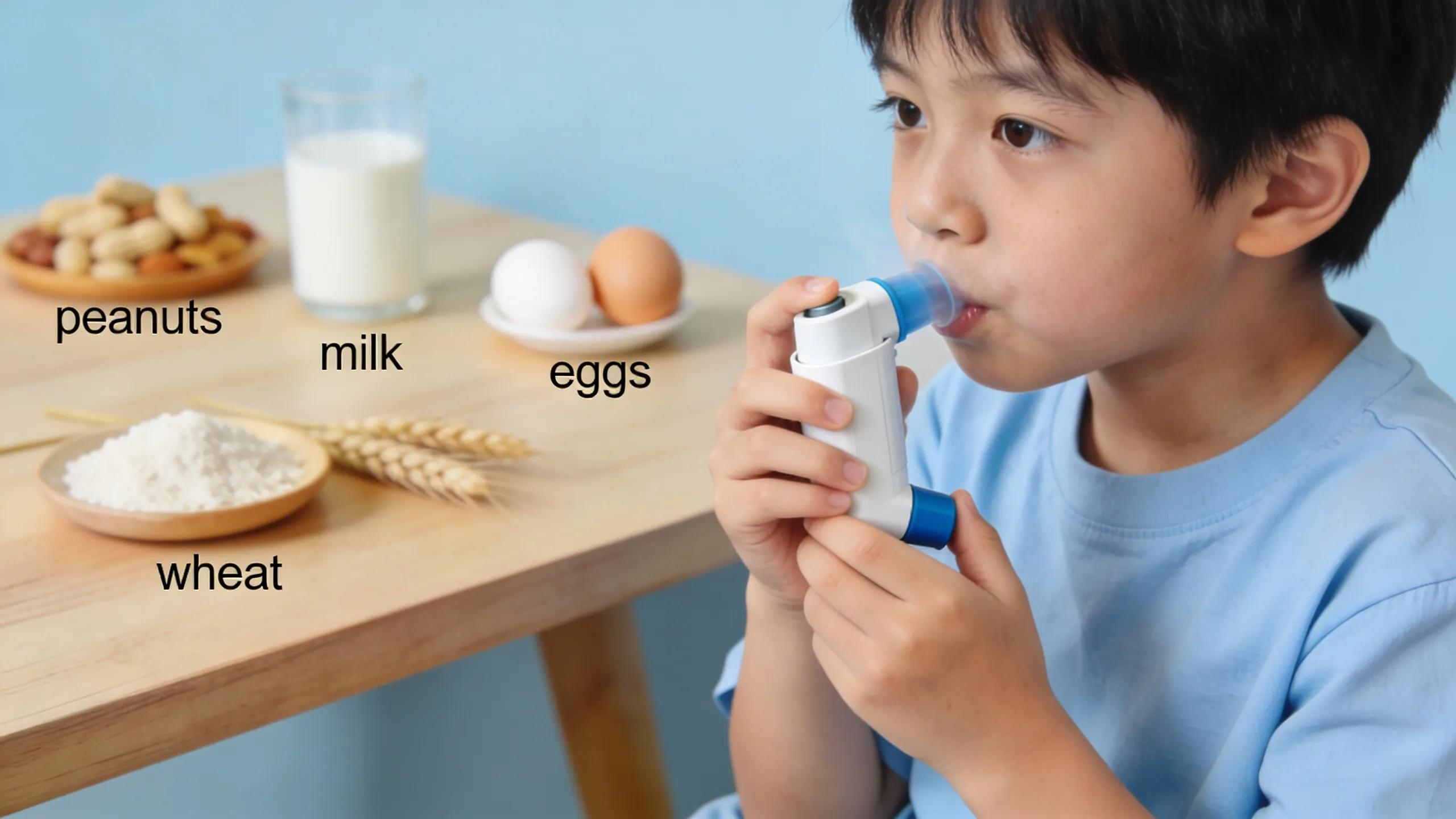Child using an inhaler with allergenic foods in the background, highlighting the asthma-food allergy connection