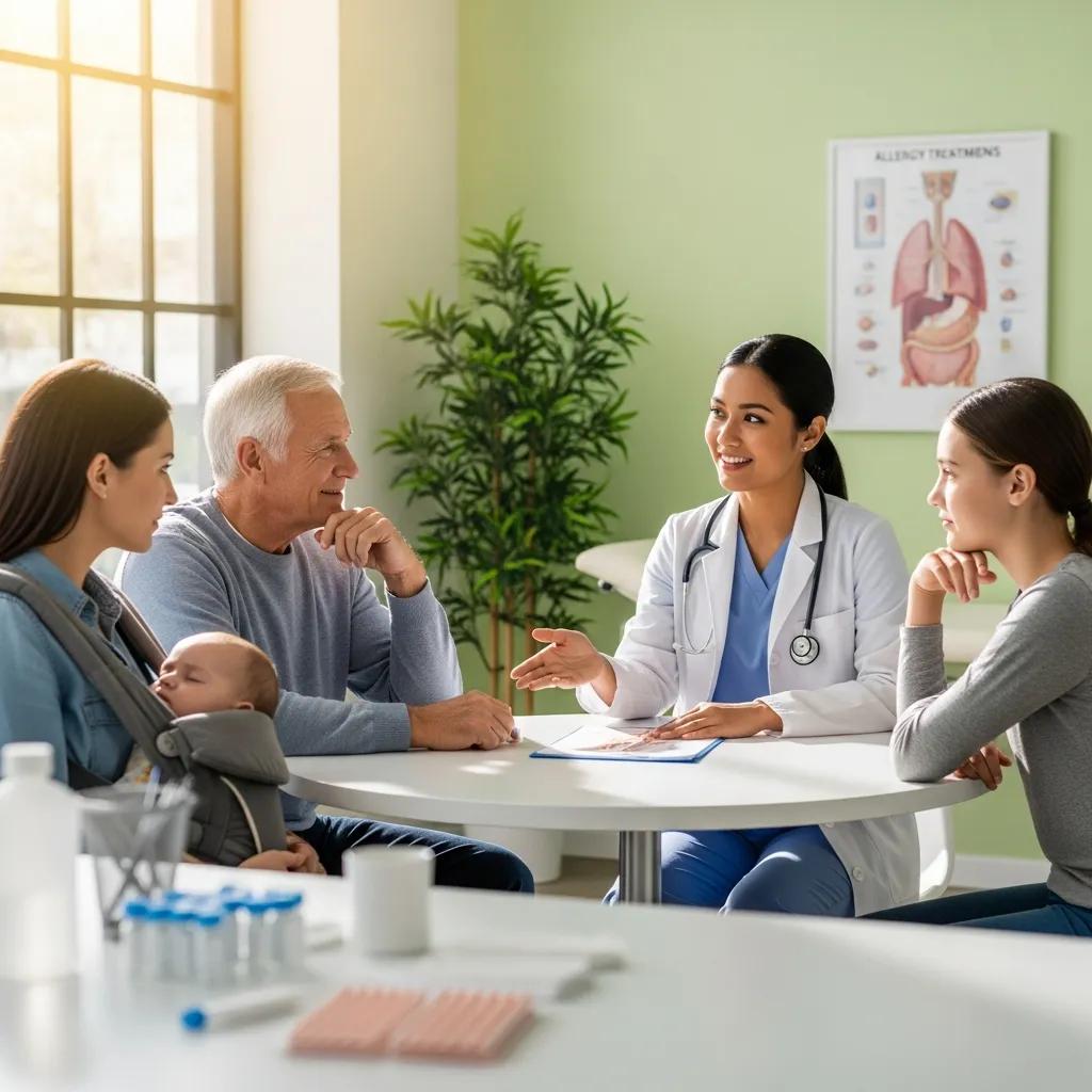 Group of diverse individuals consulting with a healthcare professional about allergy treatments in a bright clinic