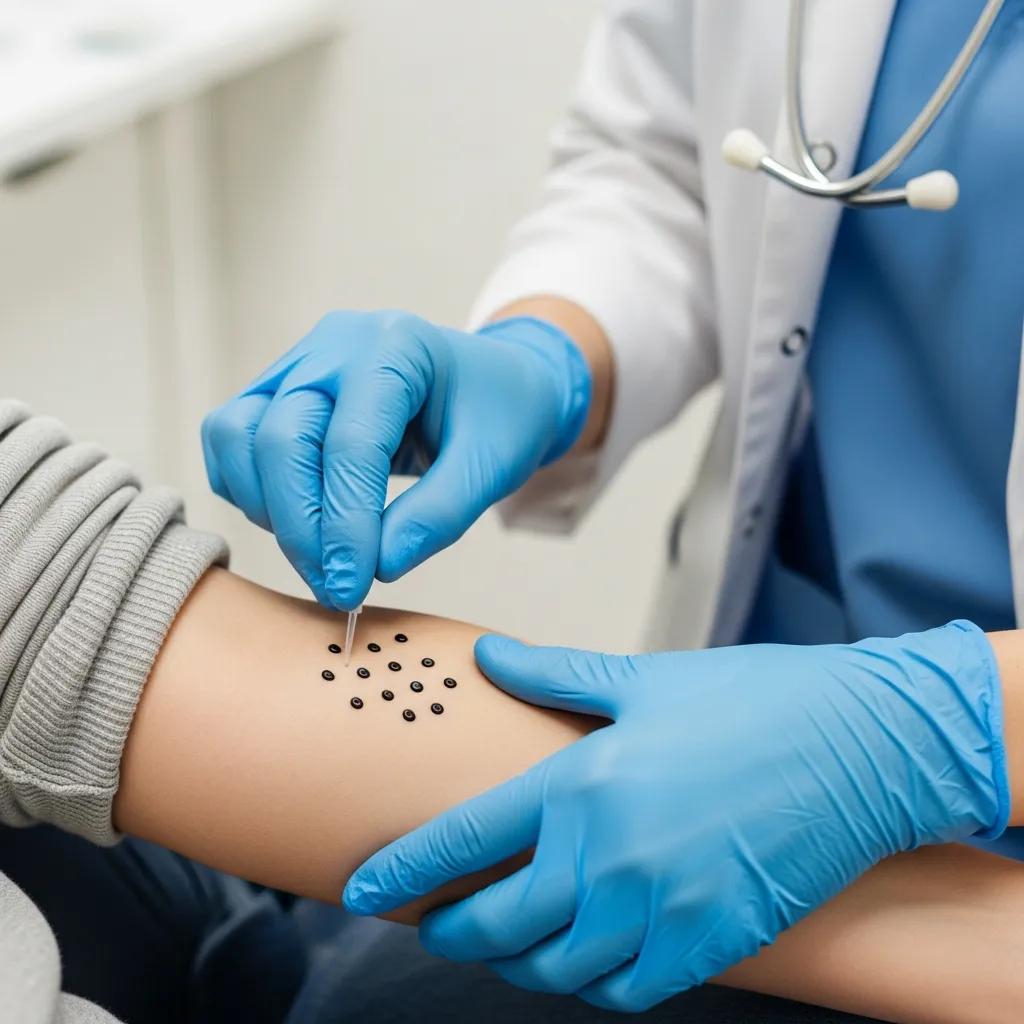 Healthcare professional conducting a skin prick allergy test on a patient in a clinical environment