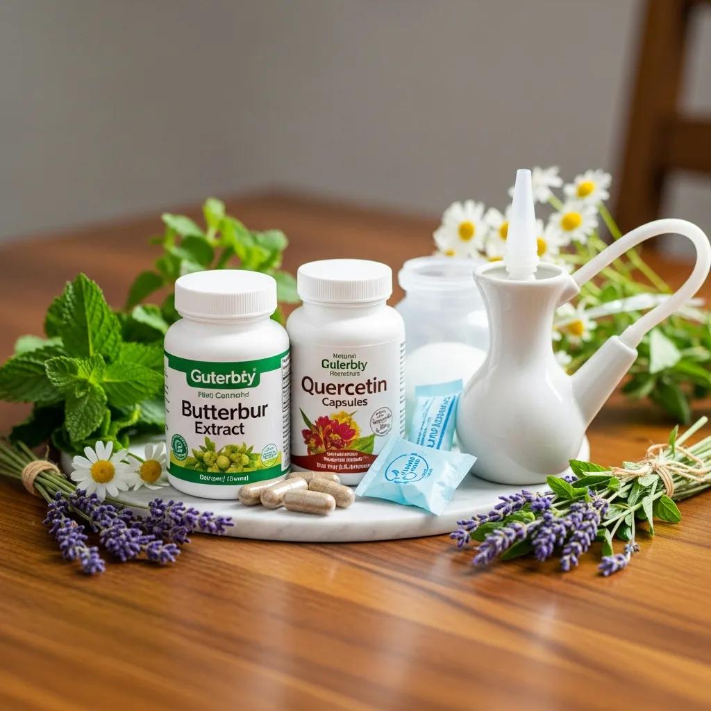 Natural supplements like butterbur and quercetin displayed on a wooden table