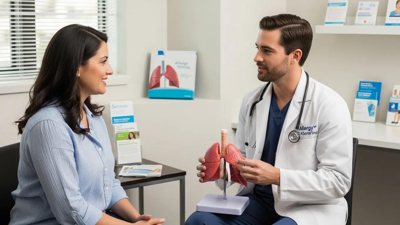 Patient consultation on asthma management with an allergist, emphasizing professional healthcare interaction.