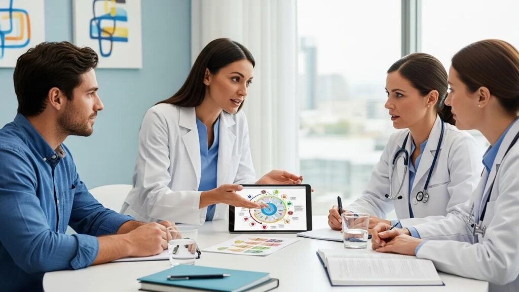 Patient receiving specialized care from a team of allergists discussing treatment options.