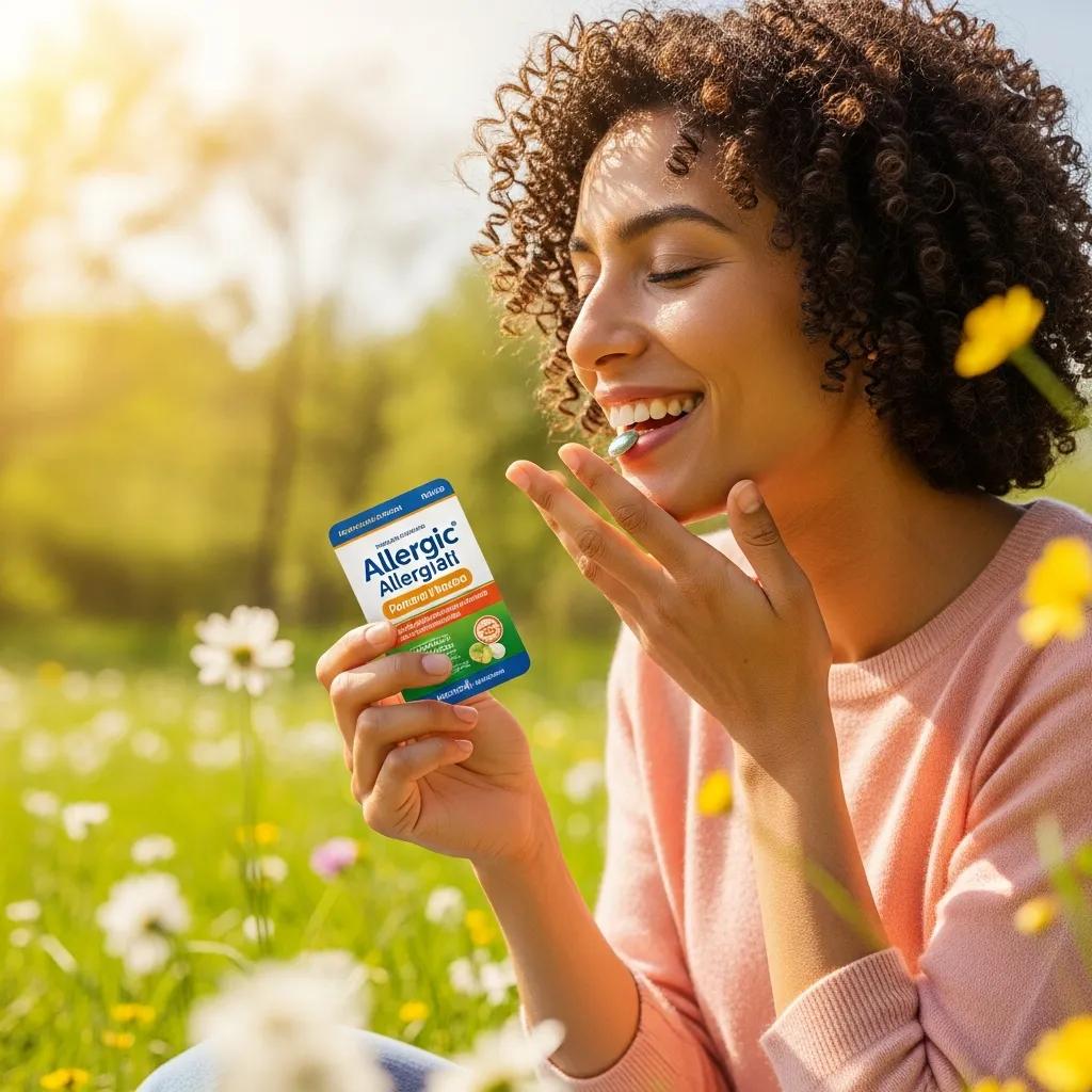 Person enjoying relief from allergies in a sunny outdoor setting with allergy medication