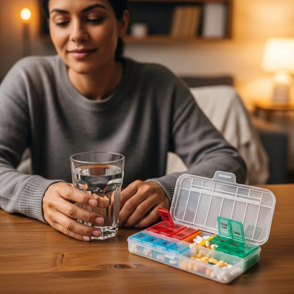 Person using water and a pill organizer to manage allergy medication side effects
