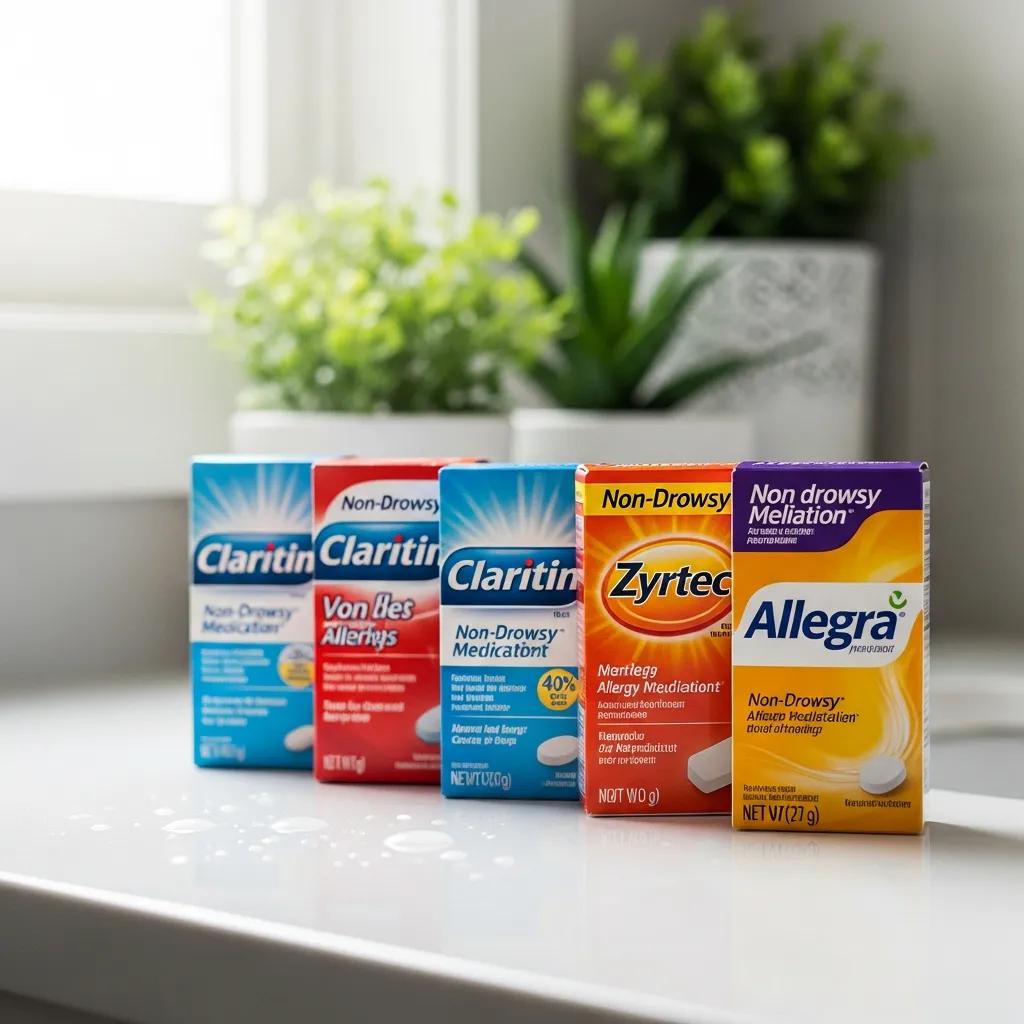 Non-drowsy allergy medicines arranged on a bathroom counter