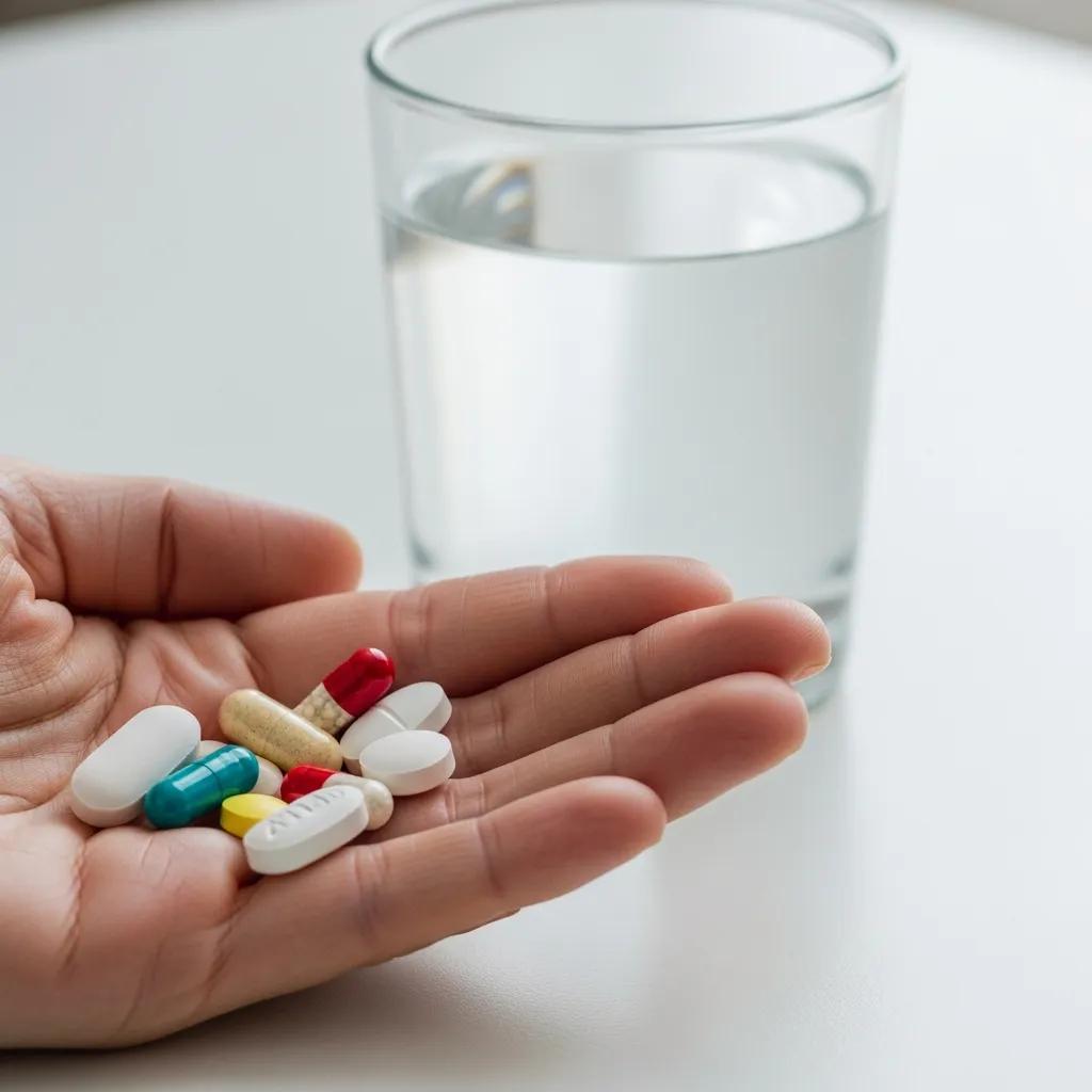 Assortment of antihistamine tablets next to a glass of water, representing common allergy relief choices